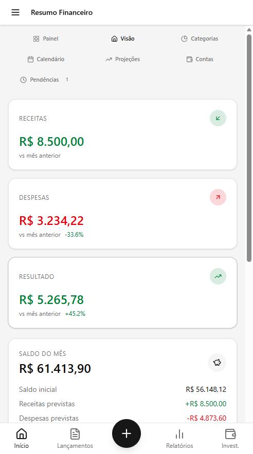 BlueMoney no celular: resumo do mês com receitas, despesas, resultado e saldo, com abas de navegação na parte inferior da tela.